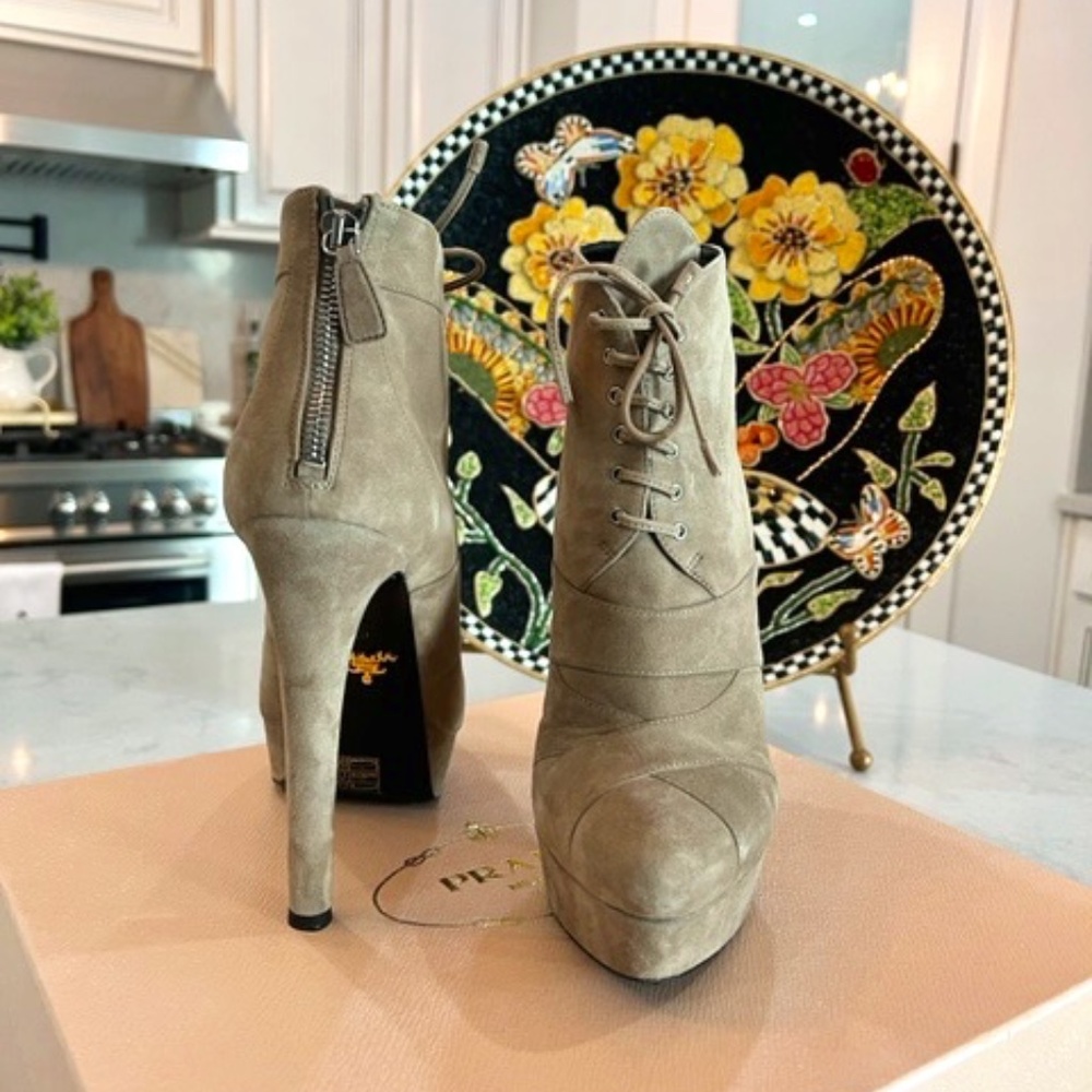 Prada Women Bambu Ankle Suede Leather Almond Toe High Heel Booties